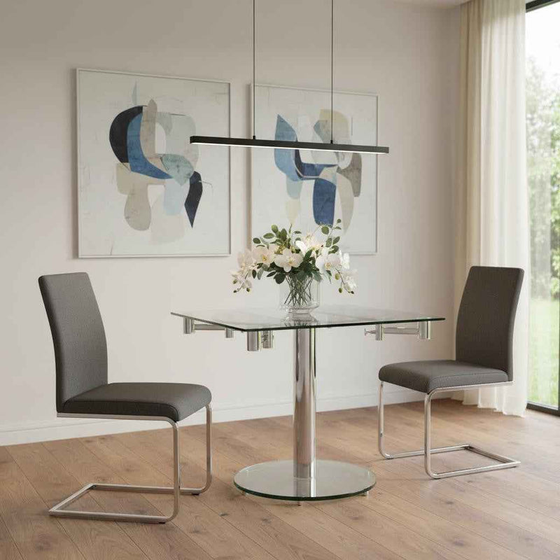 50" Clear And Silver Glass And Metal Self-Storing Leaf Pedestal Base Dining Table