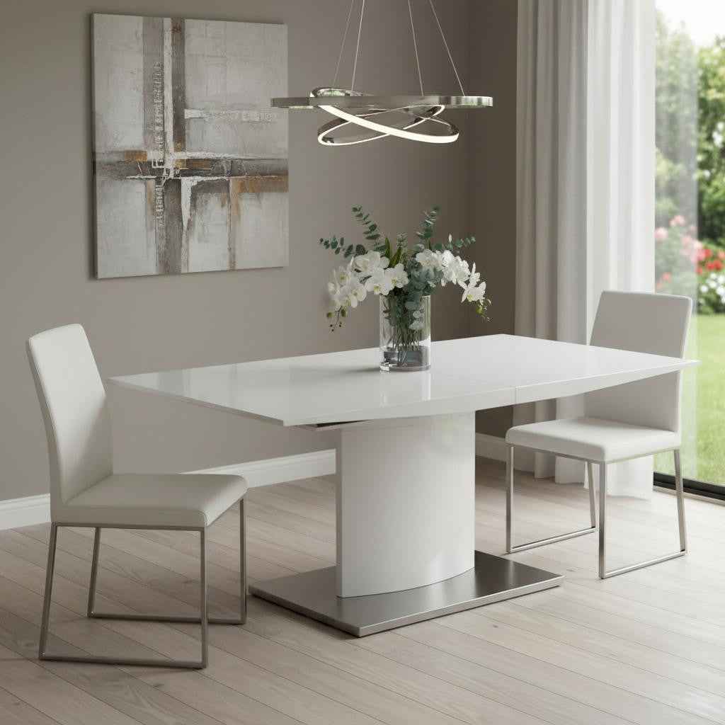 63" White Metal Self-Storing Leaf Pedestal Base Dining Table