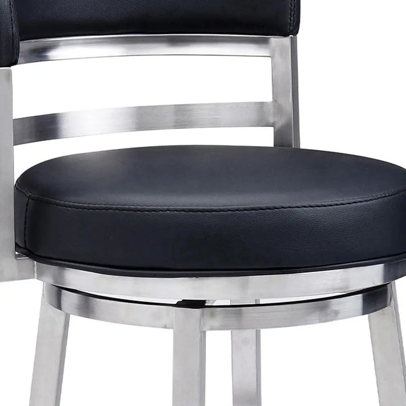 26" Black And Silver Faux Leather And Iron Swivel Low Back Counter Height Bar Chair Homeroots Living Room
