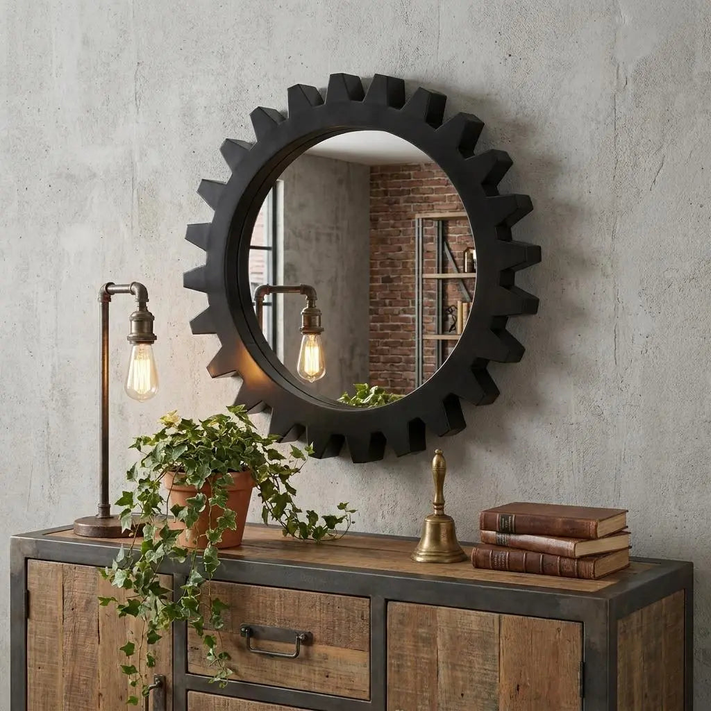 26" Black Cog Round Metal Frame Wall Mirror Homeroots Bed & Bath