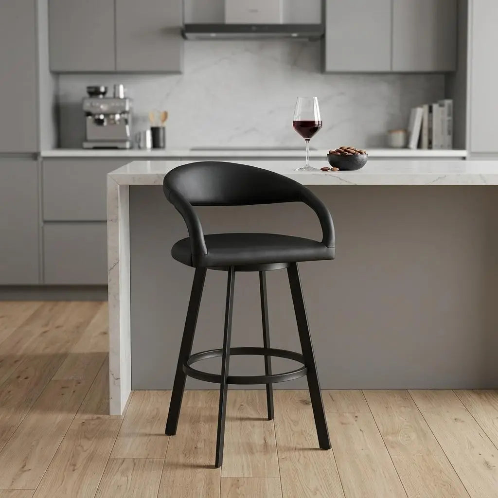 26" Black Faux Leather and Iron Low Back Counter Height Swivel Bar Chair Homeroots Living Room