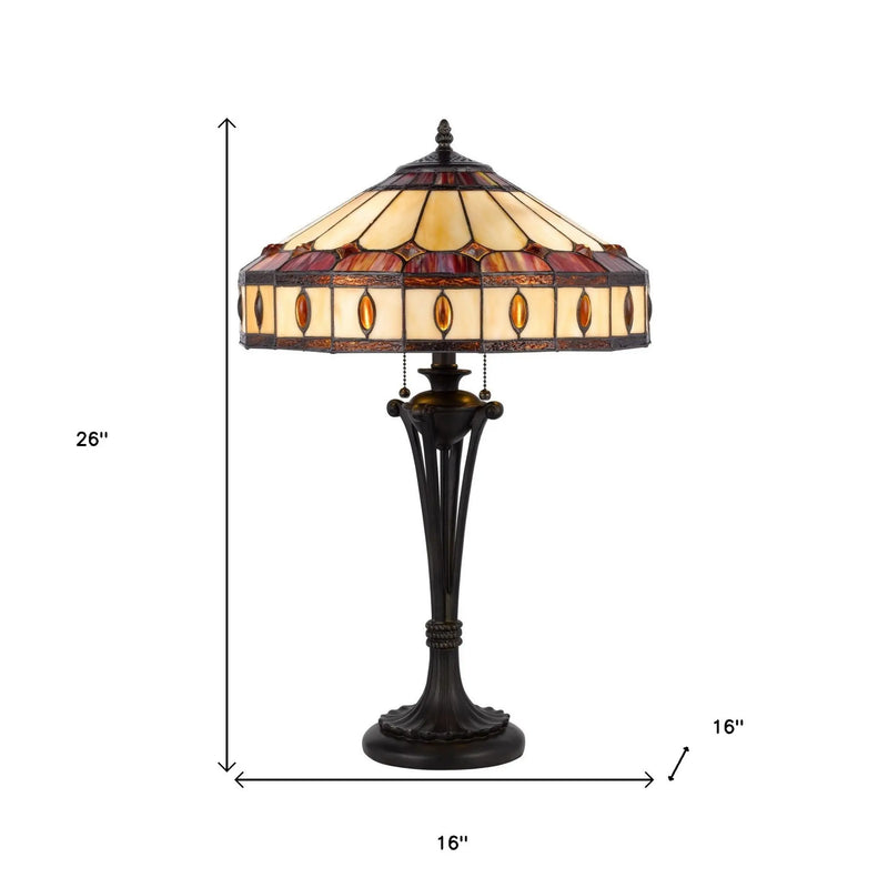 26" Black Metal Two Light Candlestick Table Lamp With Ivory and Red Dome Shade Homeroots Lighting