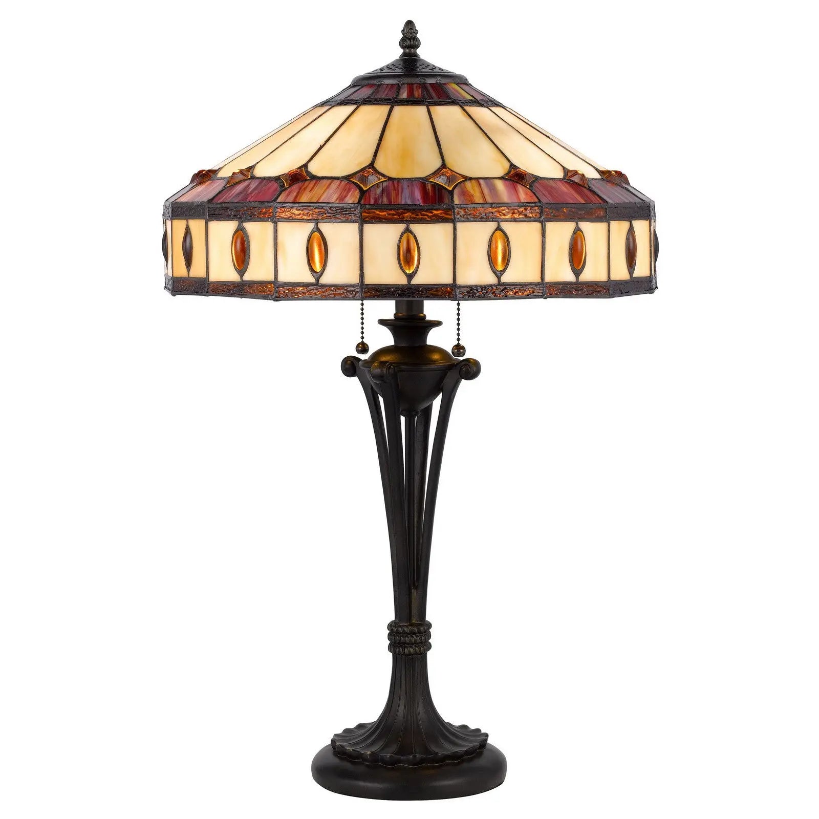 26" Black Metal Two Light Candlestick Table Lamp With Ivory and Red Dome Shade Homeroots Lighting