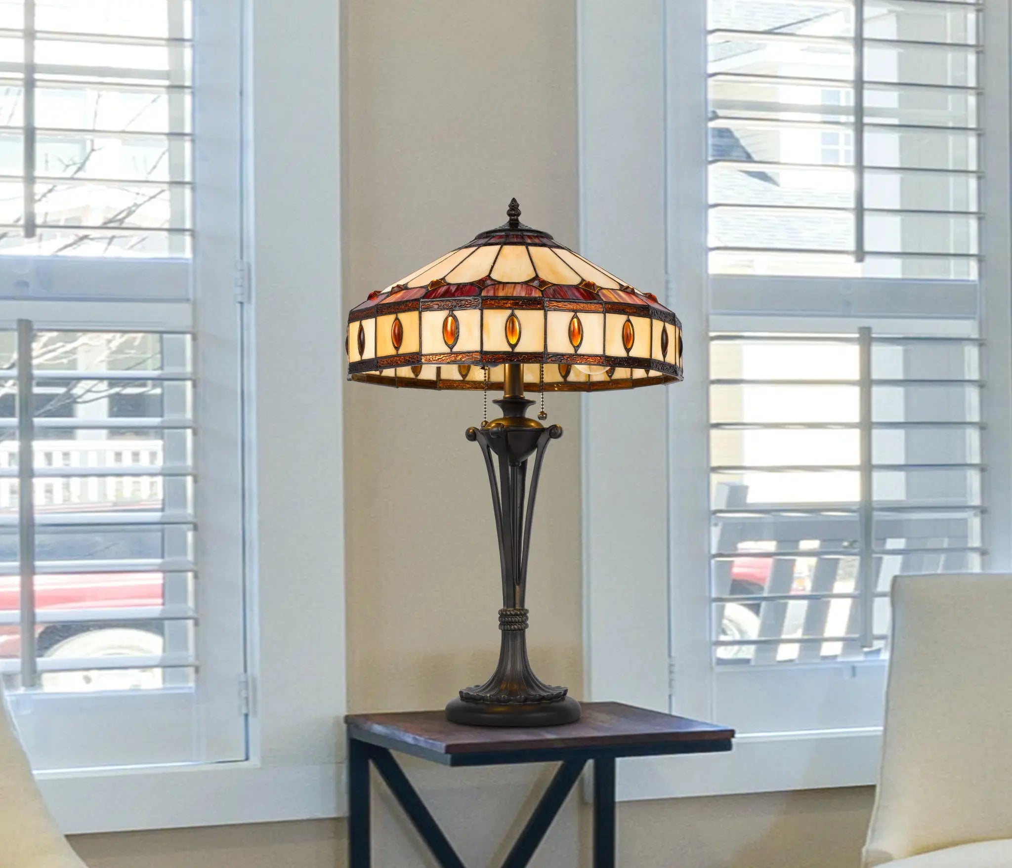 26" Black Metal Two Light Candlestick Table Lamp With Ivory and Red Dome Shade Homeroots Lighting