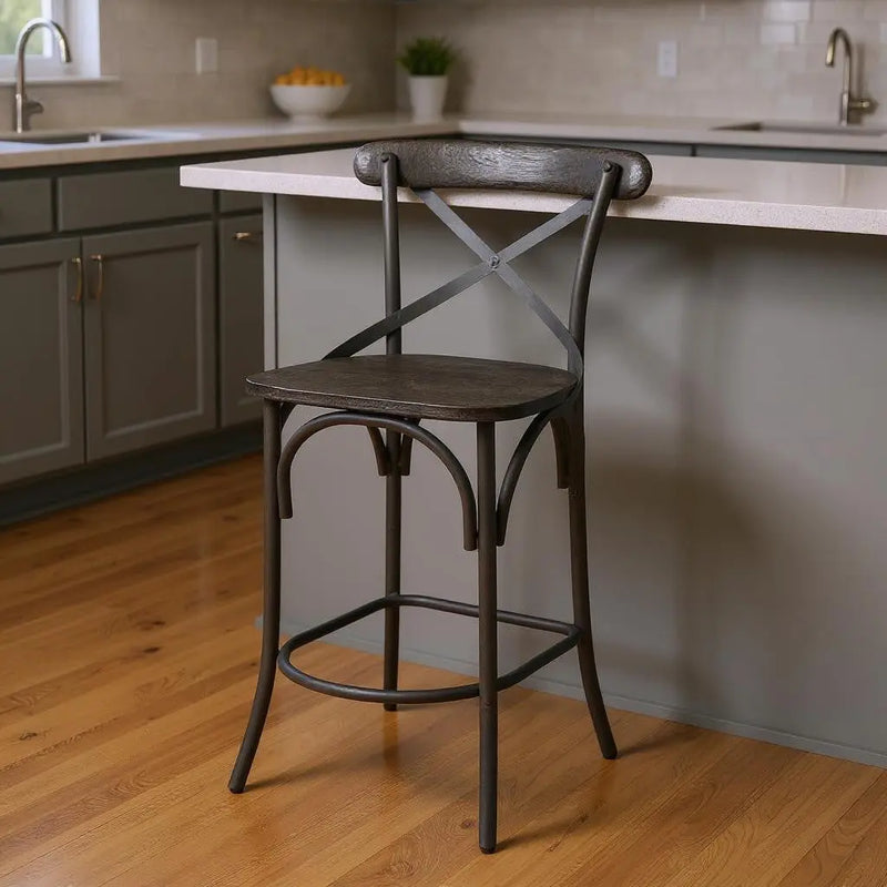 26" Black Solid Wood and Iron Counter Height Bar Chair Homeroots Living Room