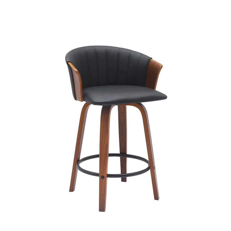 26" Black and Wood Brown Faux Leather with Solid Wood Swivel Counter Height Bar Chair Homeroots Living Room