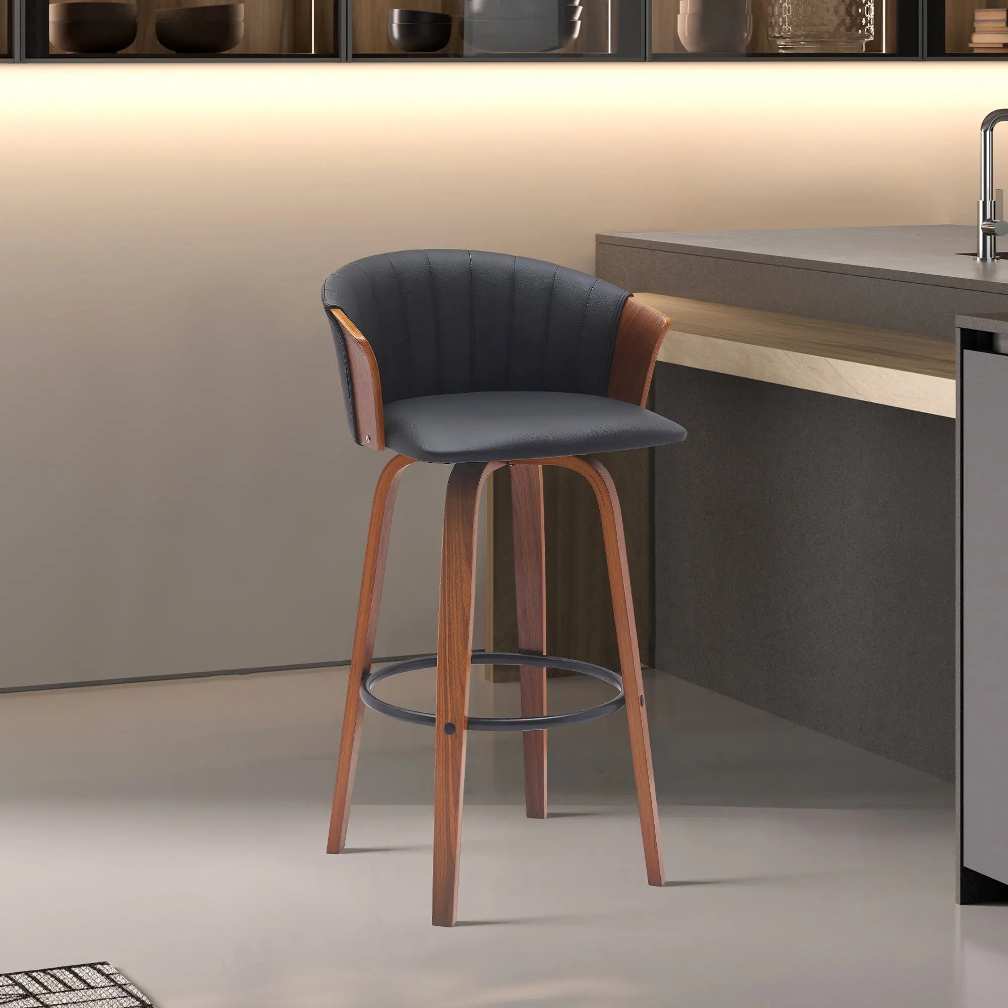26" Black and Wood Brown Faux Leather with Solid Wood Swivel Counter Height Bar Chair Homeroots Living Room