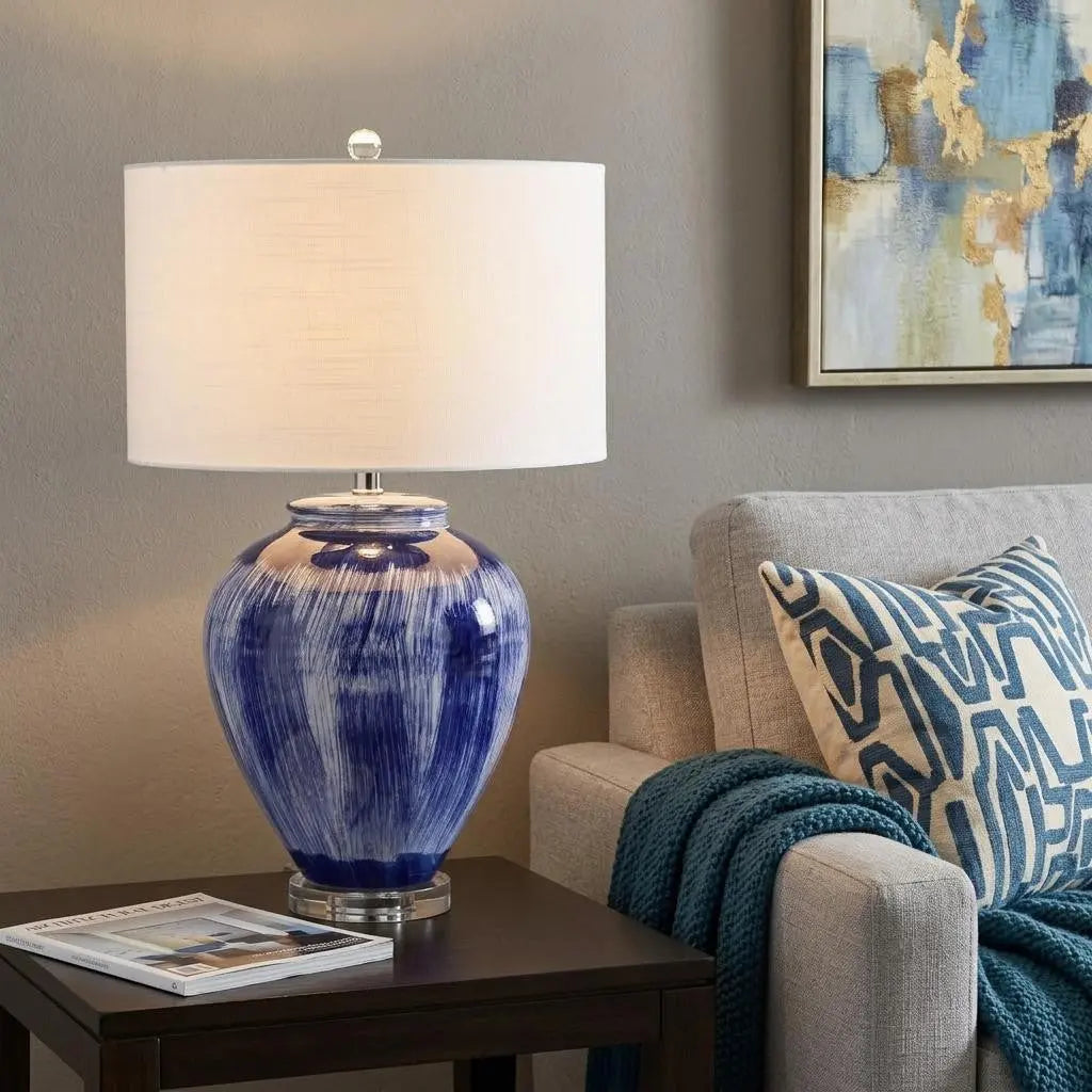 26" Blue And Clear Urn Table Lamp With Drum Shade Homeroots Lighting