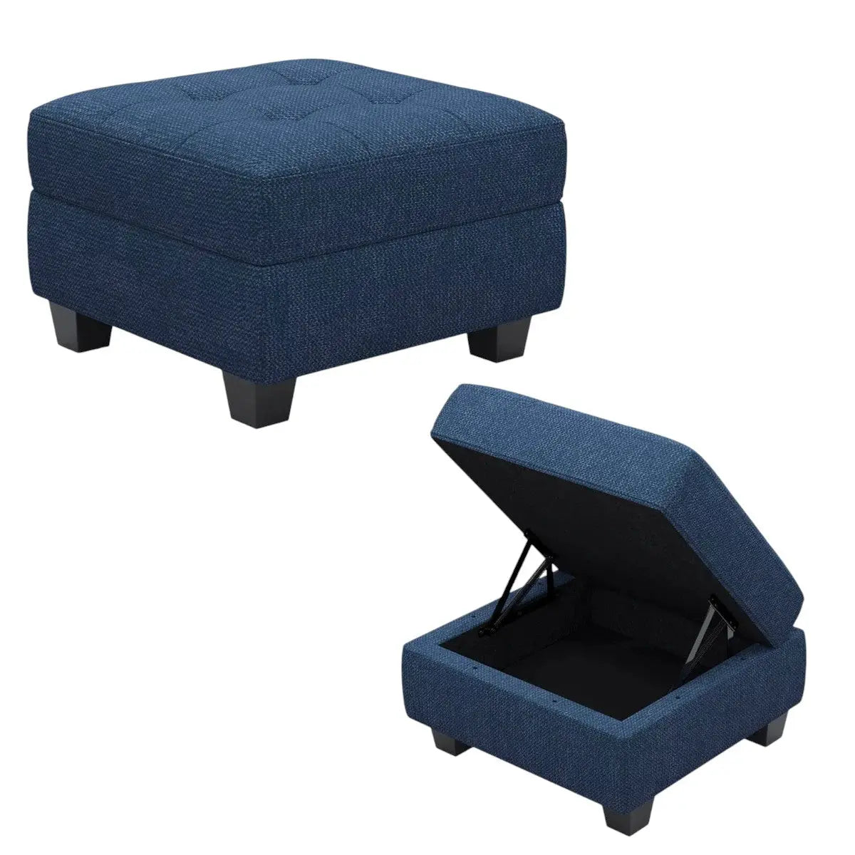 26" Blue and Black Solid Wood and Linen Tufted Storage Ottoman Homeroots Living Room