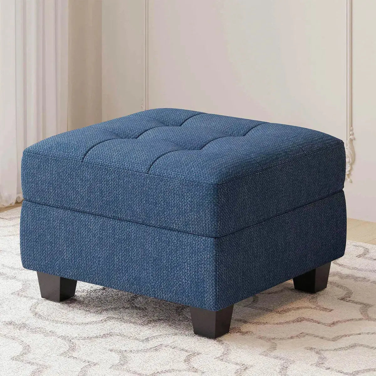 26" Blue and Black Solid Wood and Linen Tufted Storage Ottoman Homeroots Living Room