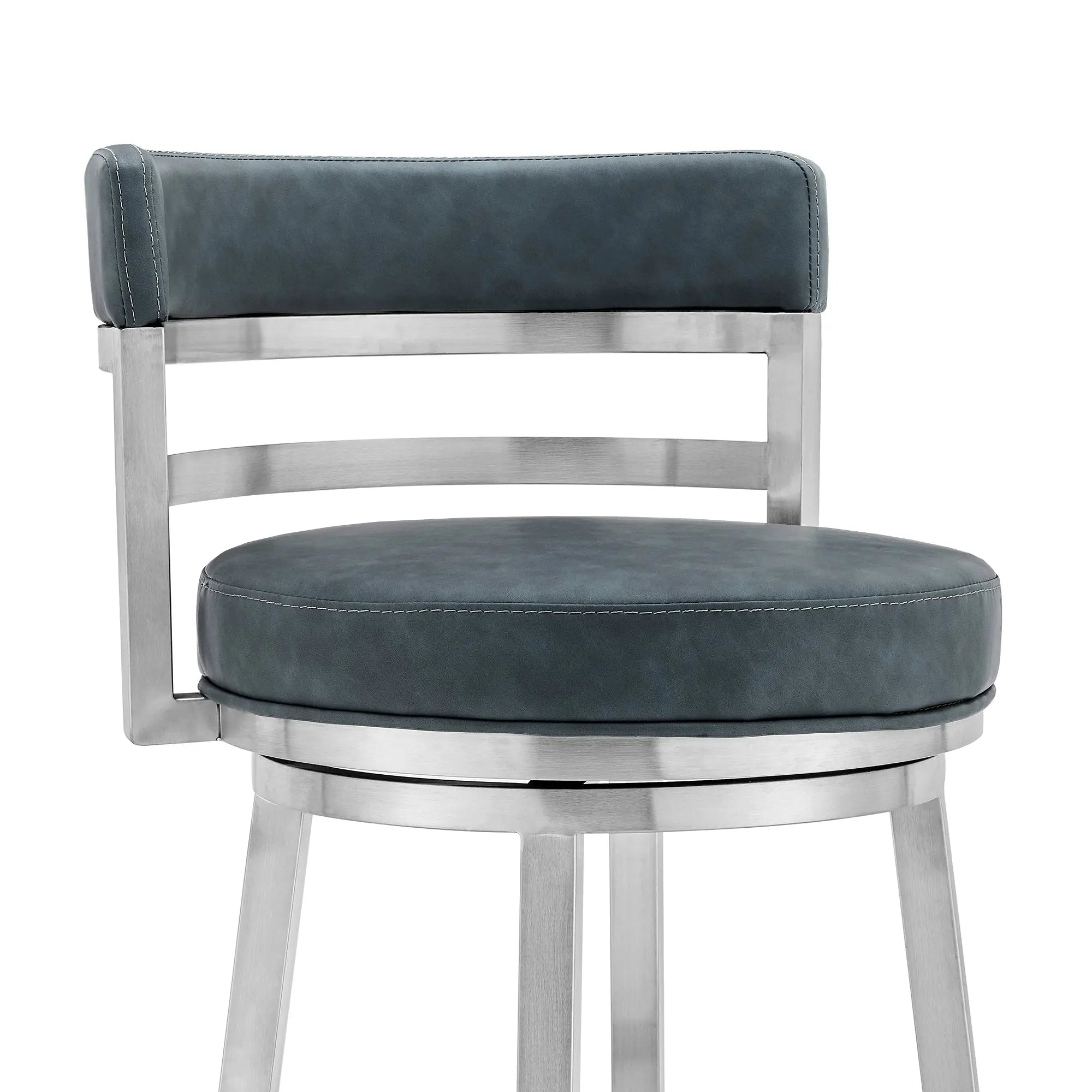26" Blue and Silver Faux Leather and Stainless Steel Low Back Counter Height Swivel Bar Chair Homeroots Living Room