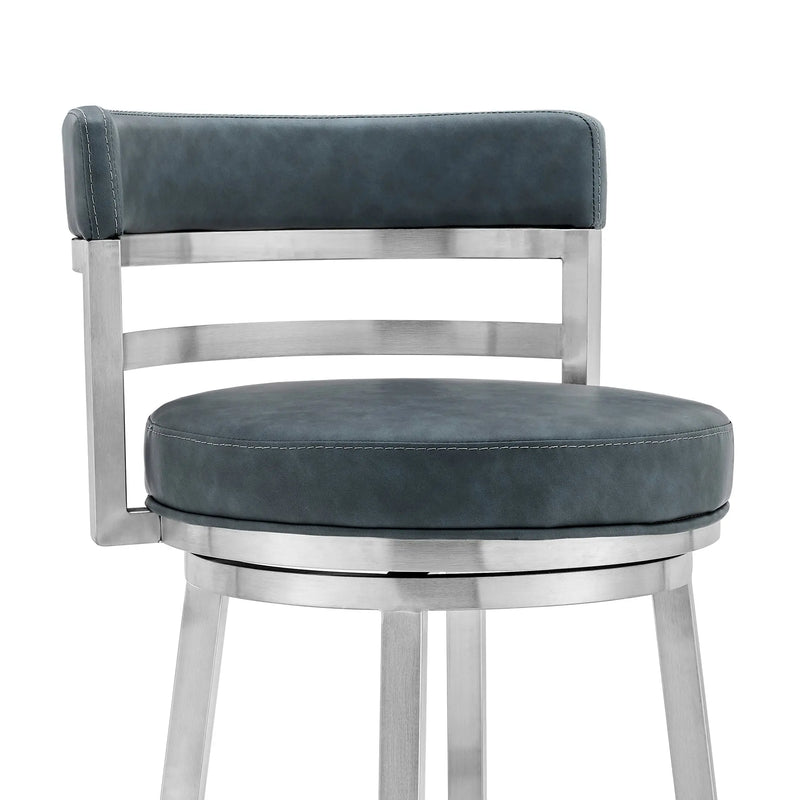 26" Blue and Silver Faux Leather and Stainless Steel Low Back Counter Height Swivel Bar Chair Homeroots Living Room