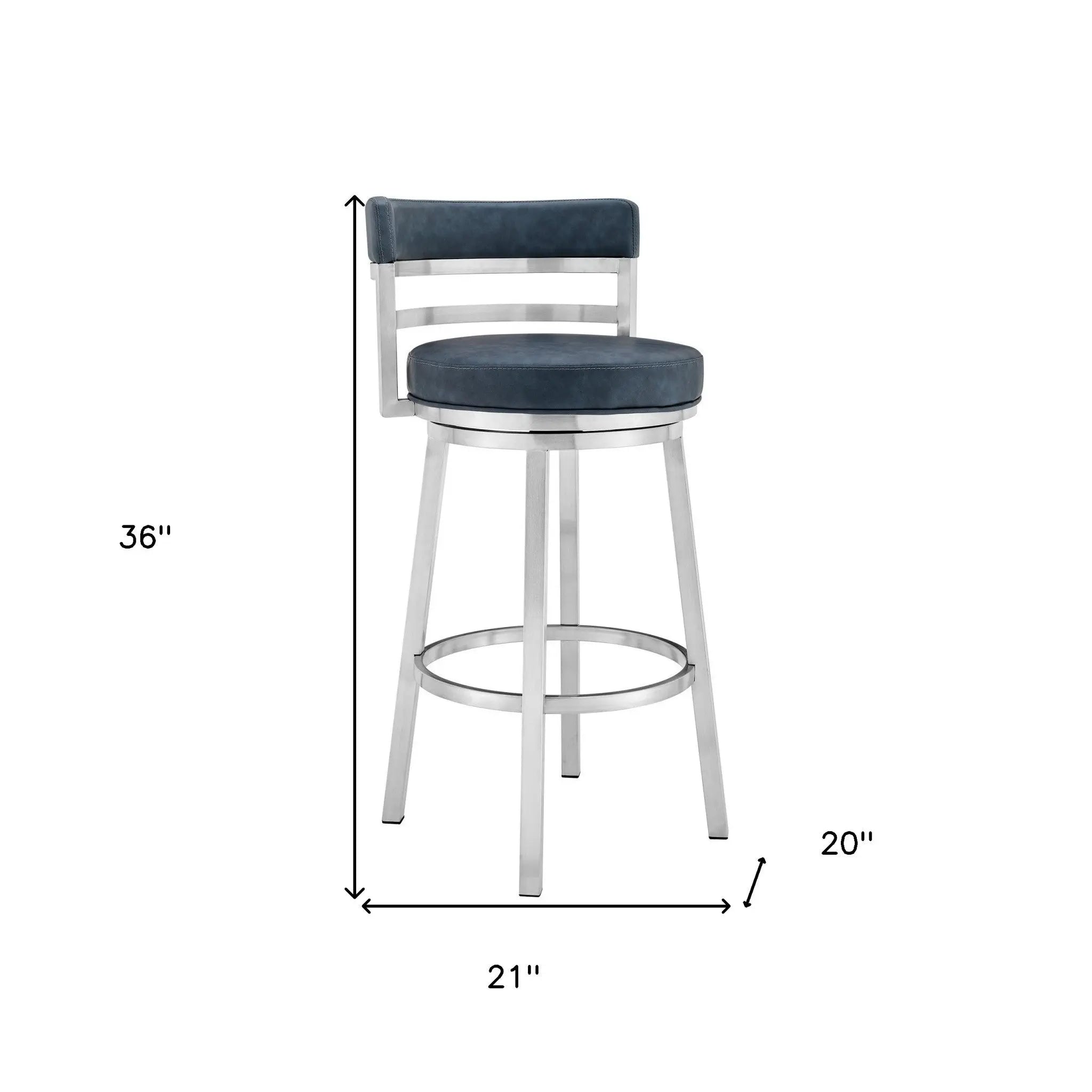 26" Blue and Silver Faux Leather and Stainless Steel Low Back Counter Height Swivel Bar Chair Homeroots Living Room