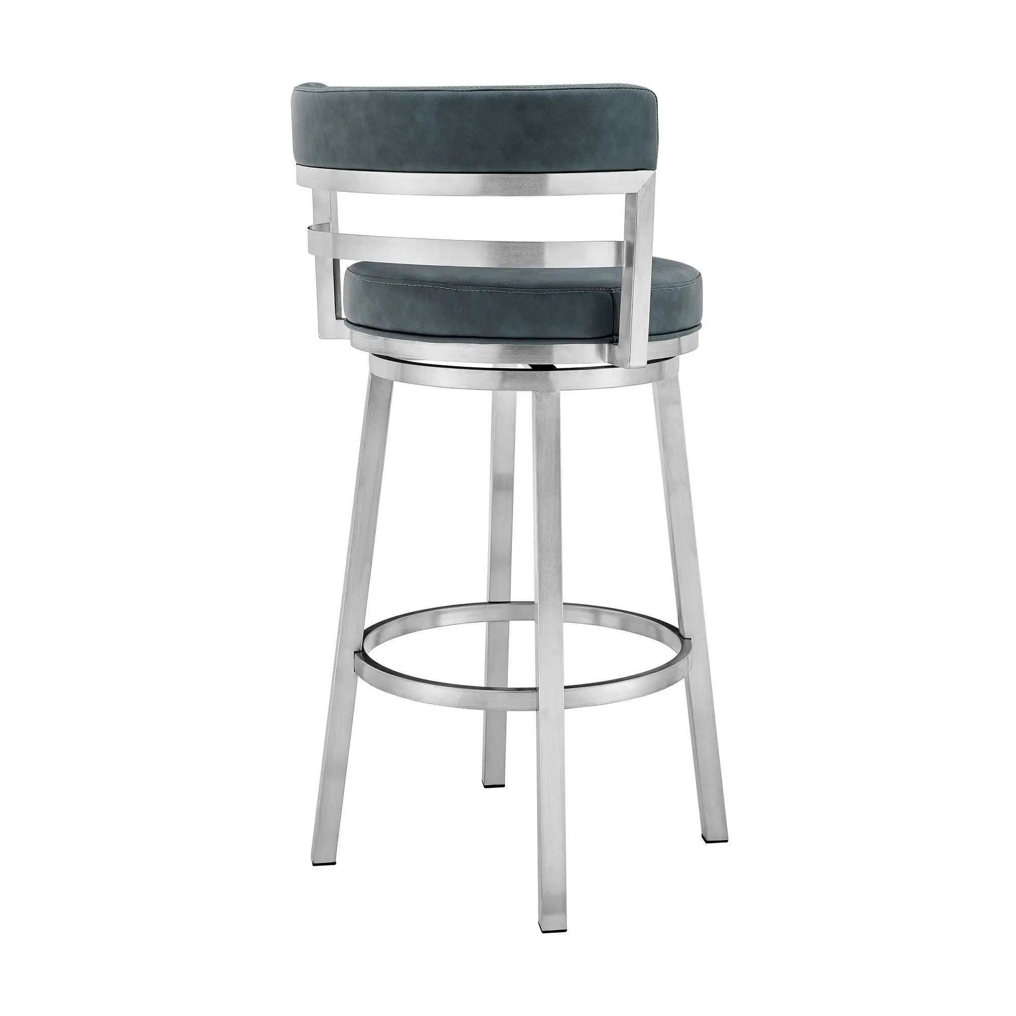 26" Blue and Silver Faux Leather and Stainless Steel Low Back Counter Height Swivel Bar Chair Homeroots Living Room