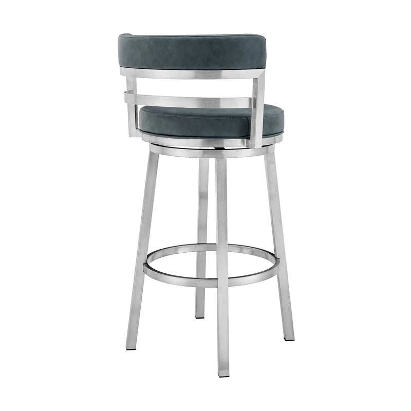 26" Blue and Silver Faux Leather and Stainless Steel Low Back Counter Height Swivel Bar Chair Homeroots Living Room