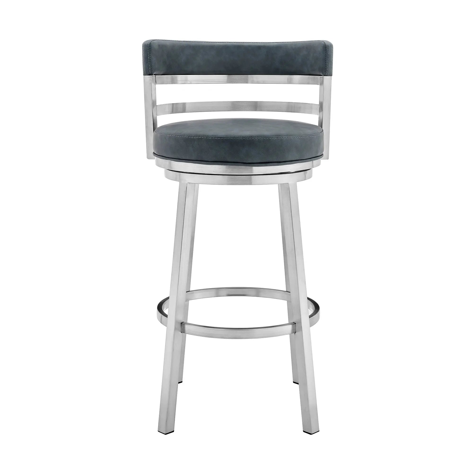 26" Blue and Silver Faux Leather and Stainless Steel Low Back Counter Height Swivel Bar Chair Homeroots Living Room