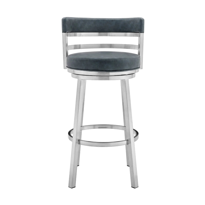 26" Blue and Silver Faux Leather and Stainless Steel Low Back Counter Height Swivel Bar Chair Homeroots Living Room