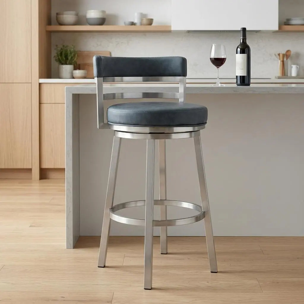 26" Blue and Silver Faux Leather and Stainless Steel Low Back Counter Height Swivel Bar Chair Homeroots Living Room