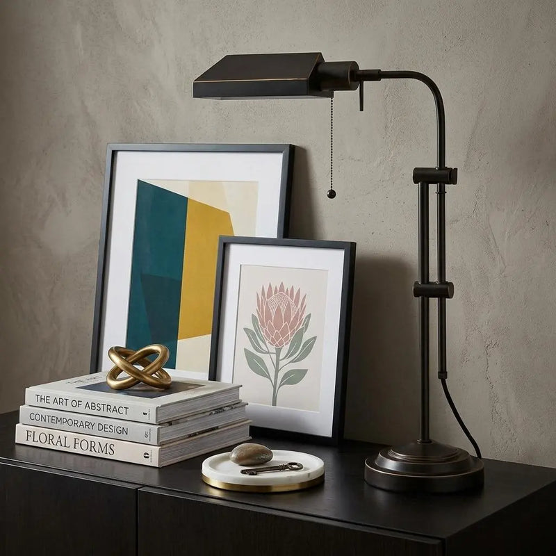 26" Bronze Metal Adjustable Table Lamp With Bronze Rectangular Shade Homeroots Lighting