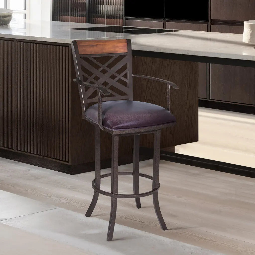 26" Brown Faux Leather And Iron Counter Height Bar Chair - GreatEagleInc