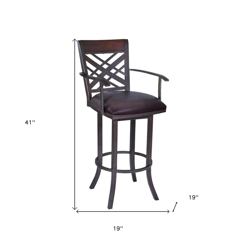 26" Brown Faux Leather And Iron Counter Height Bar Chair - GreatEagleInc