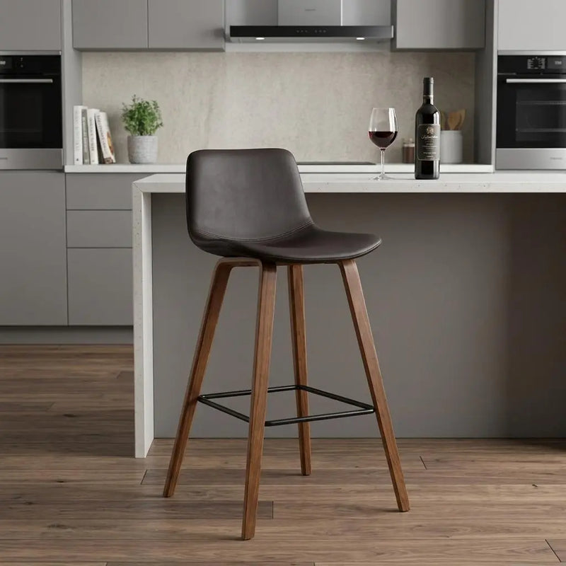 26" Brown Faux Leather And Solid Wood Low Back Counter Height Bar Chair Homeroots Living Room