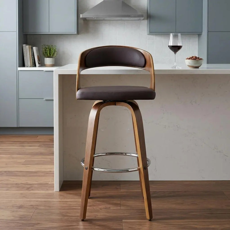 26" Brown Faux Leather And Solid Wood Swivel Low Back Counter Height Bar Chair Homeroots Living Room