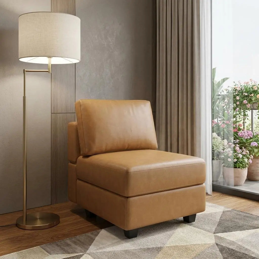 26" Brown Faux Leather and Solid Wood Lounge Chair With Storage Homeroots Living Room