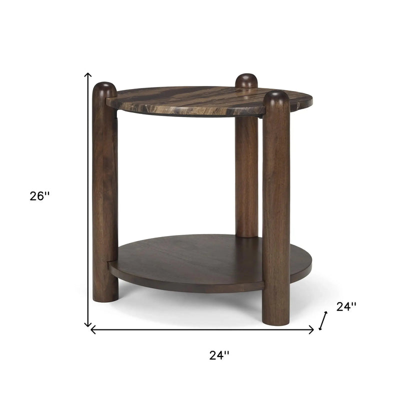 26" Brown Marble And Solid Wood End Table With Shelf Homeroots Living Room
