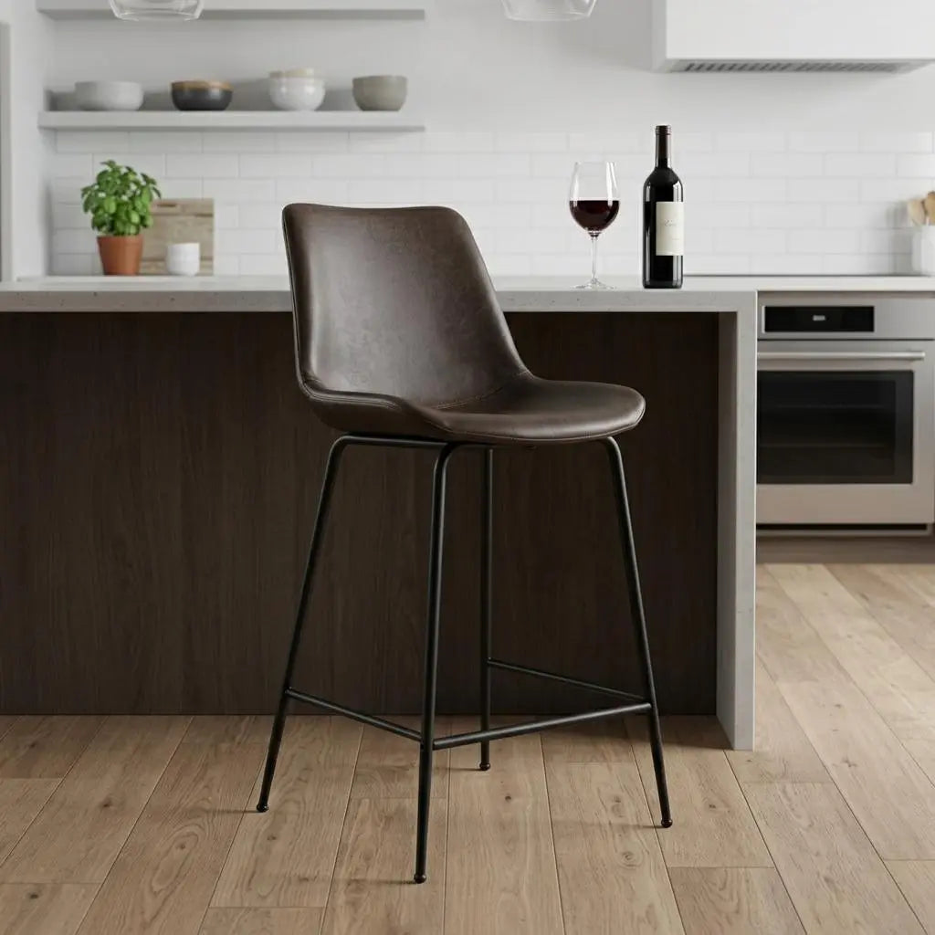 26" Brown and Black Faux Leather and Steel Low Back Counter Height Bar Chair Homeroots Living Room