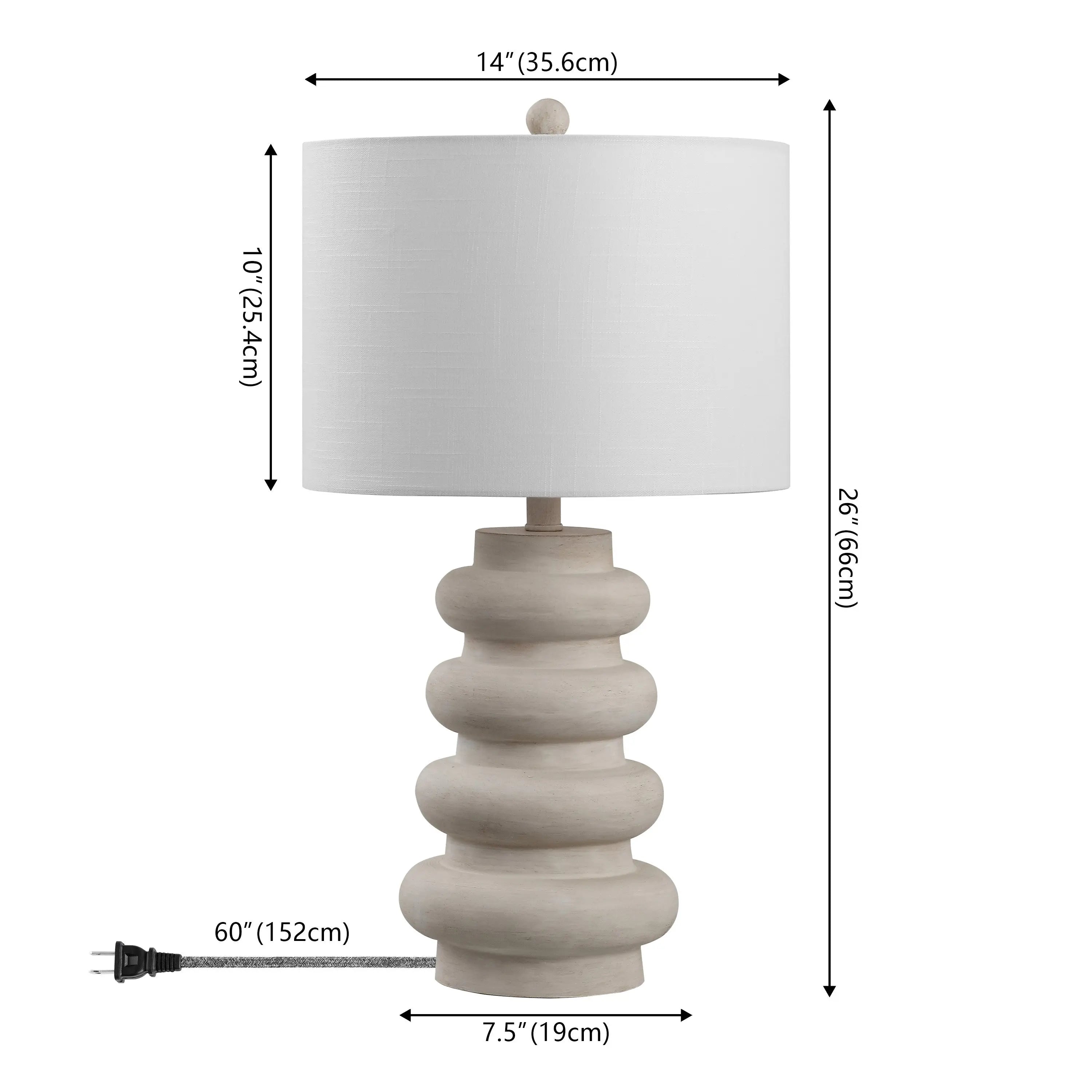 Large beige ceramic table lamp with a round sculptural base and white linen shade, 26" tall, modern style.