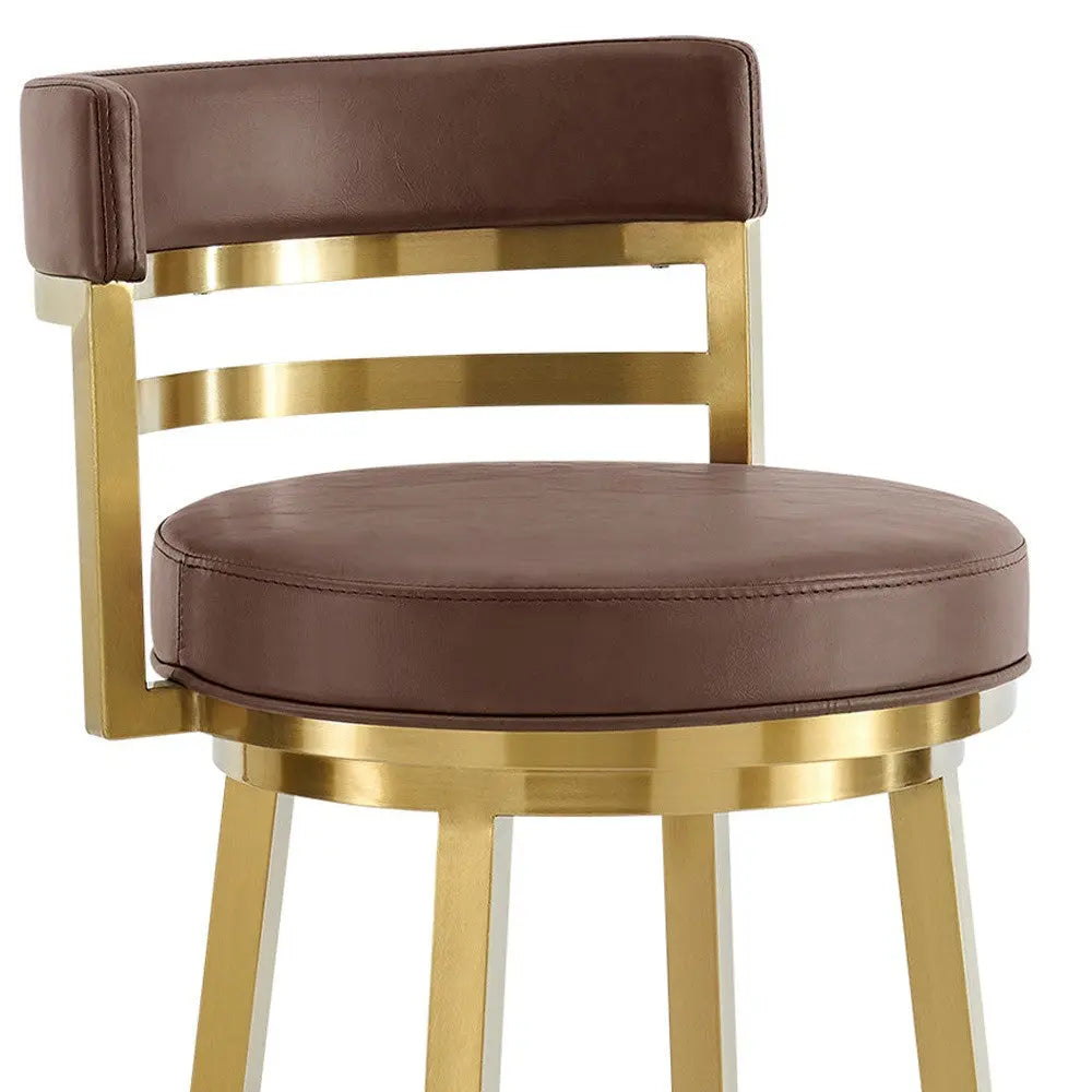 26" Coffee and Gold Faux Leather and Stainless Steel Low Back Counter Height Swivel Bar Chair Homeroots Living Room