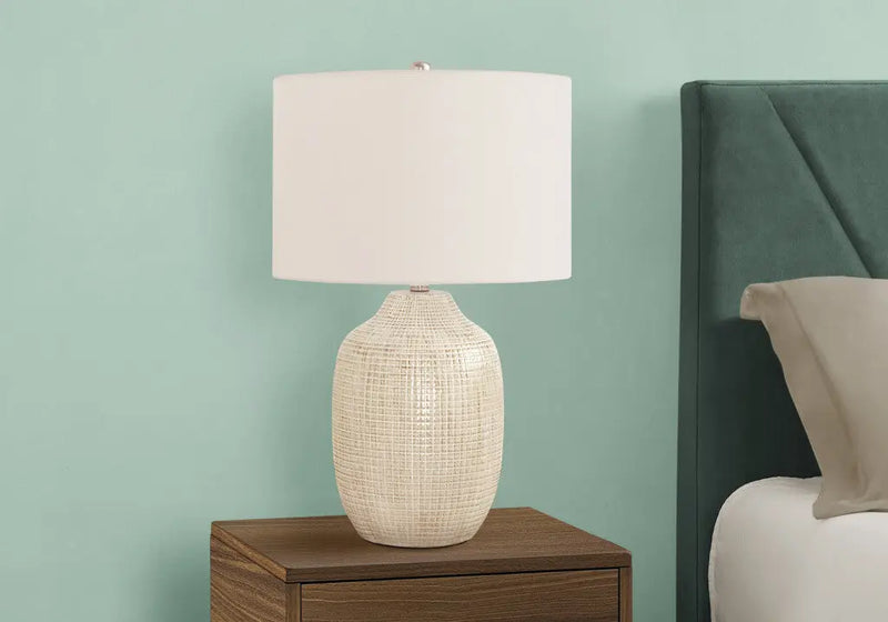 26" Cream Ceramic Urn Table Lamp With Cream Drum Shade Homeroots Lighting