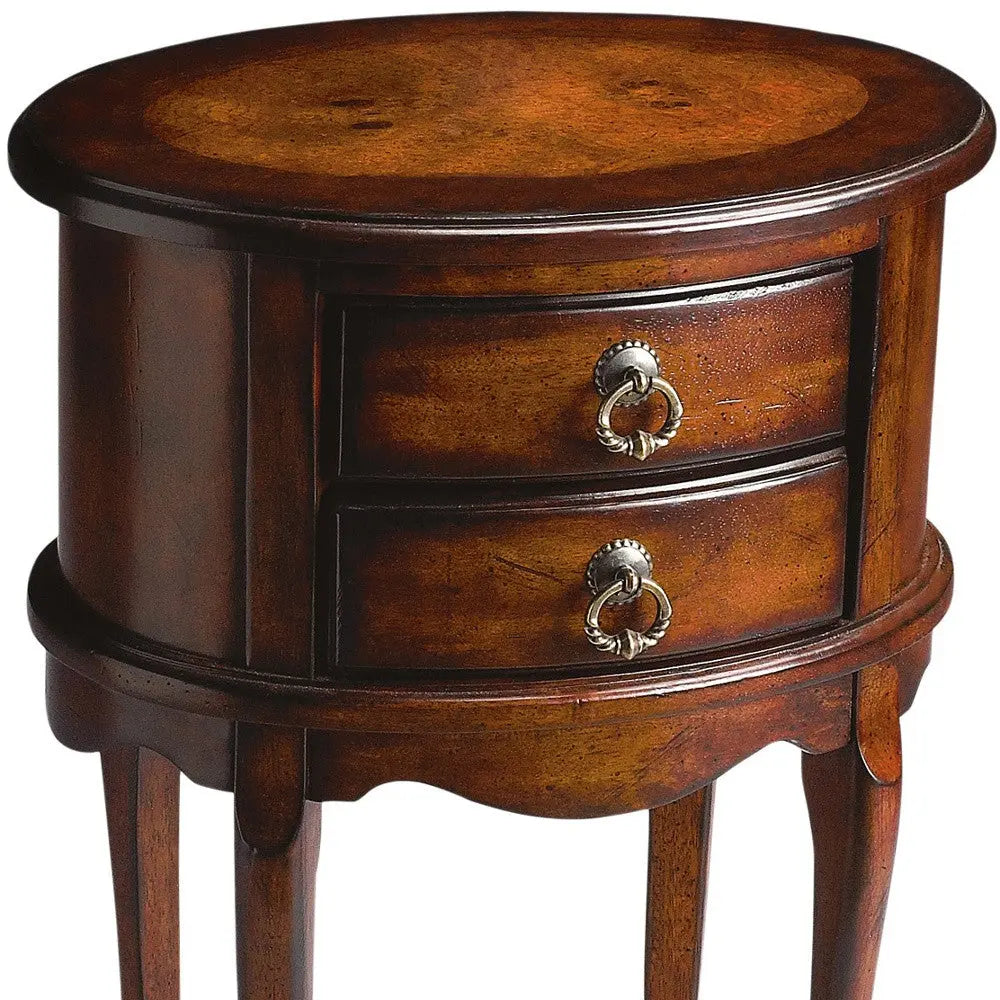 26" Dark Brown And Cherry Manufactured Wood Oval End Table With Two Drawers Homeroots Living Room