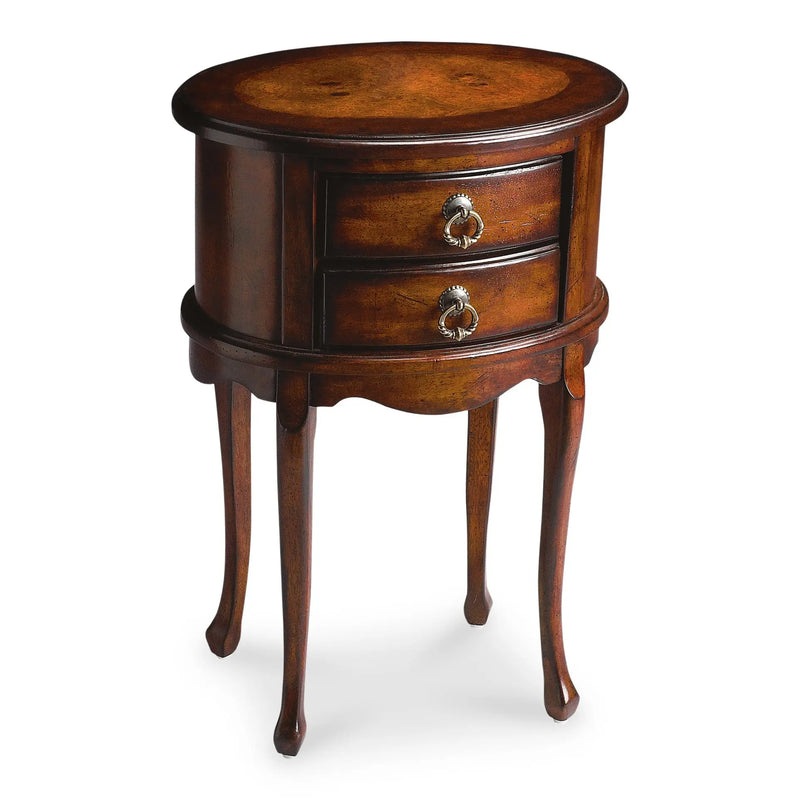 26" Dark Brown And Cherry Manufactured Wood Oval End Table With Two Drawers Homeroots Living Room