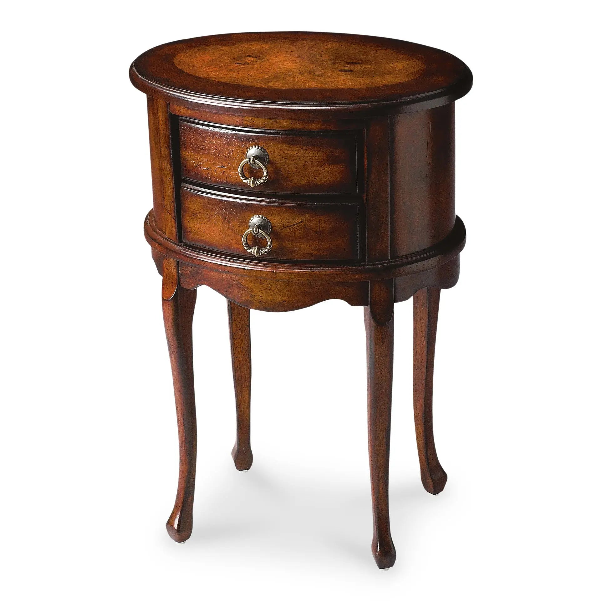 26" Dark Brown And Cherry Manufactured Wood Oval End Table With Two Drawers Homeroots Living Room