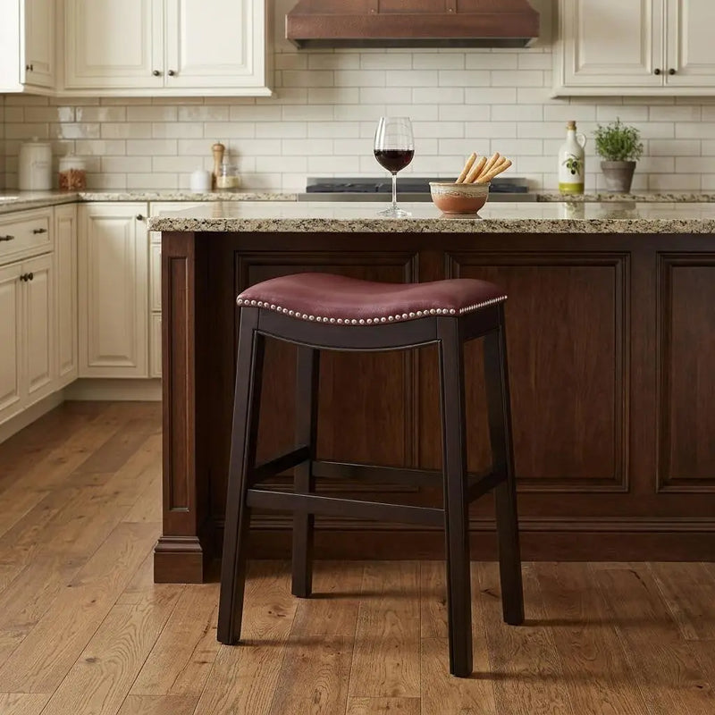 26" Dark Red and Espresso Solid Wood Backless Counter Height Bar Chair Homeroots Living Room