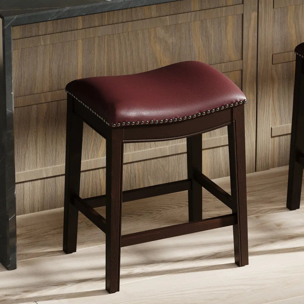 26" Dark Red and Espresso Solid Wood Backless Counter Height Bar Chair Homeroots Living Room