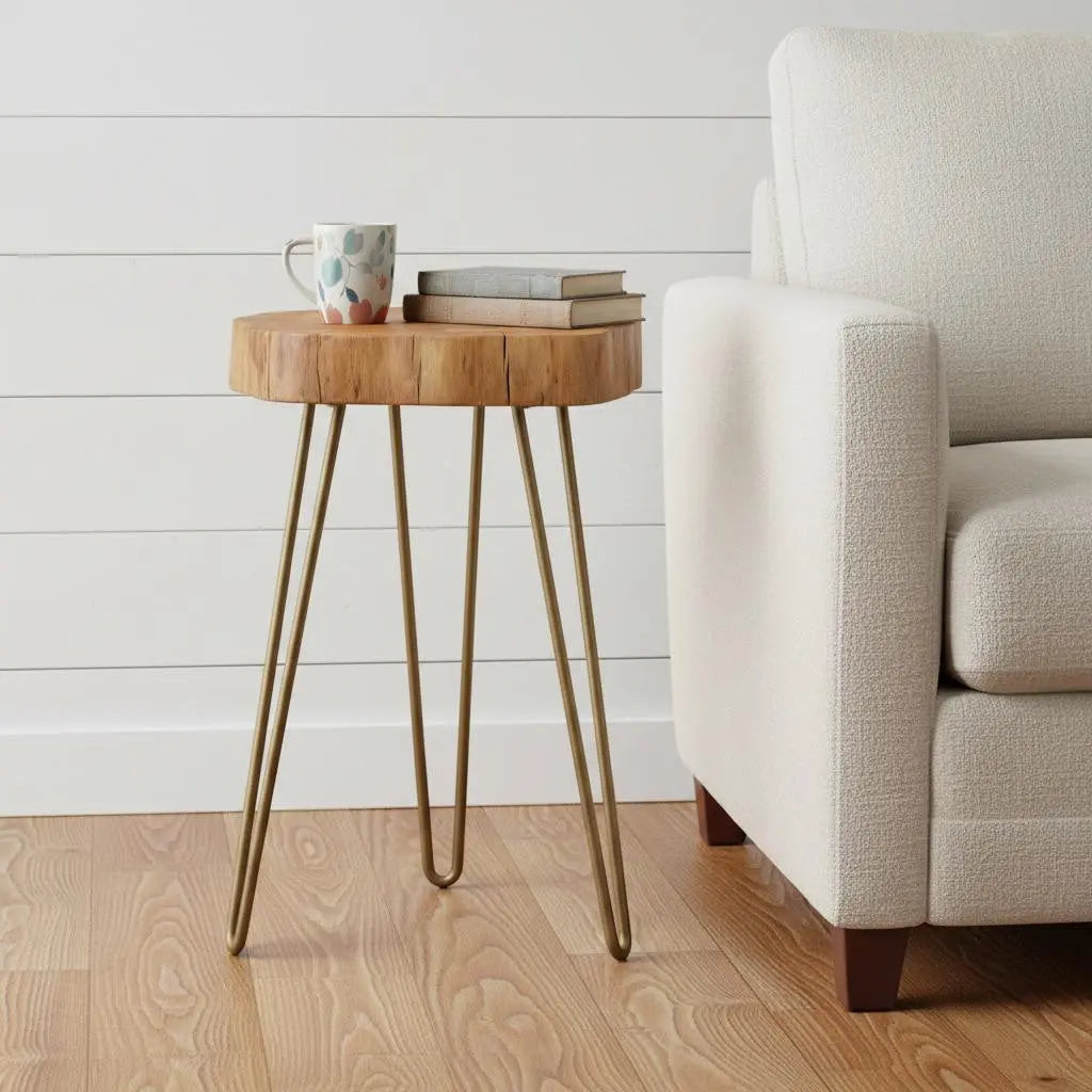 26" Gold And Natural Solid Wood Round End Table Homeroots Living Room
