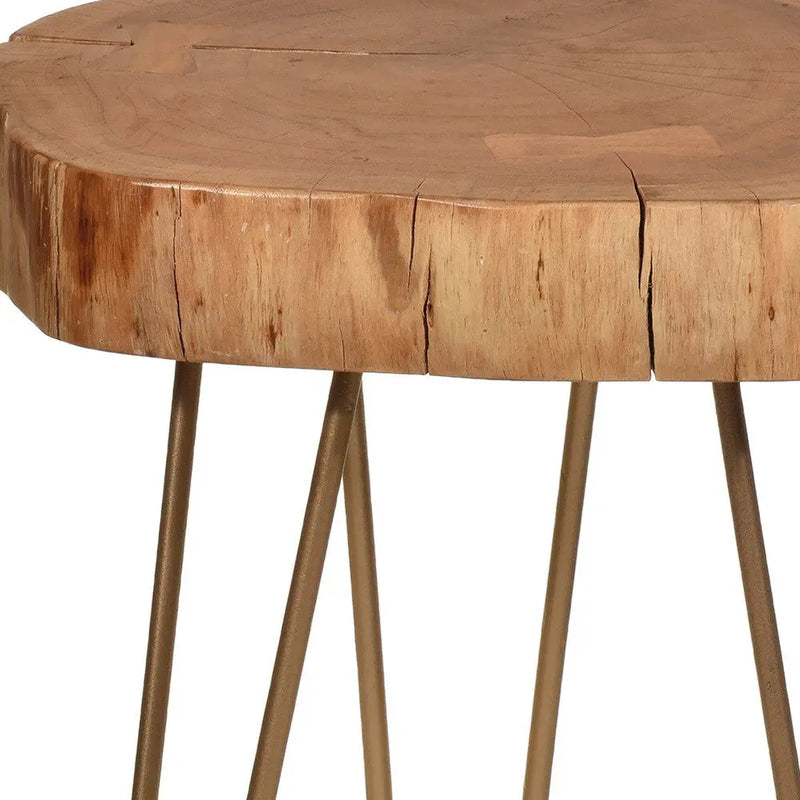 26" Gold And Natural Solid Wood Round End Table Homeroots Living Room