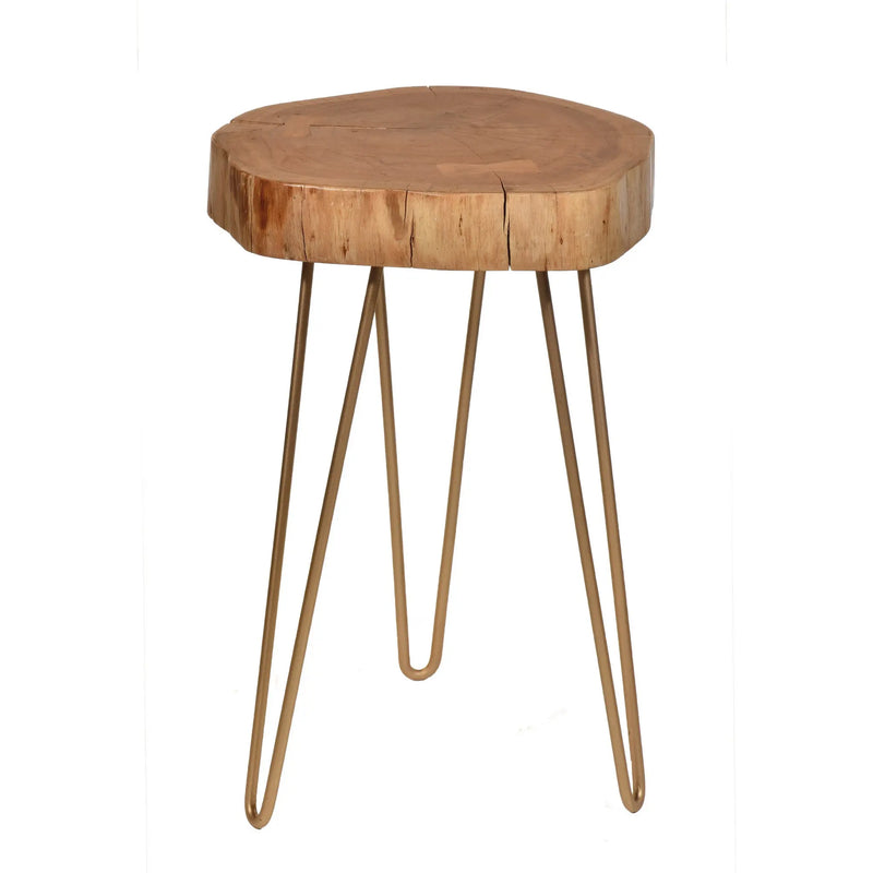 26" Gold And Natural Solid Wood Round End Table Homeroots Living Room