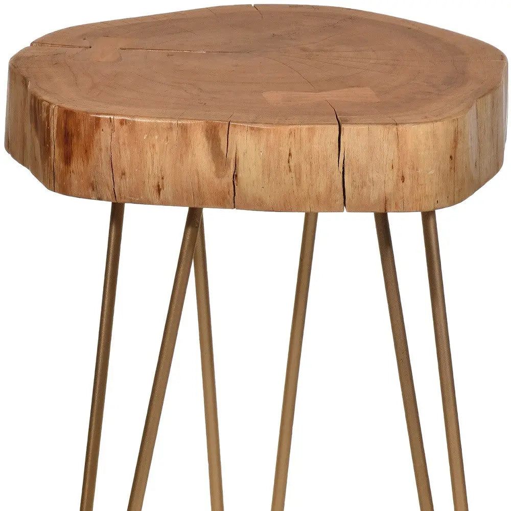 26" Gold And Natural Solid Wood Round End Table Homeroots Living Room