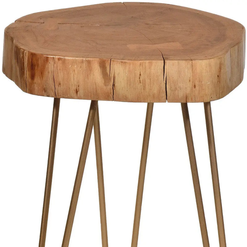 26" Gold And Natural Solid Wood Round End Table Homeroots Living Room
