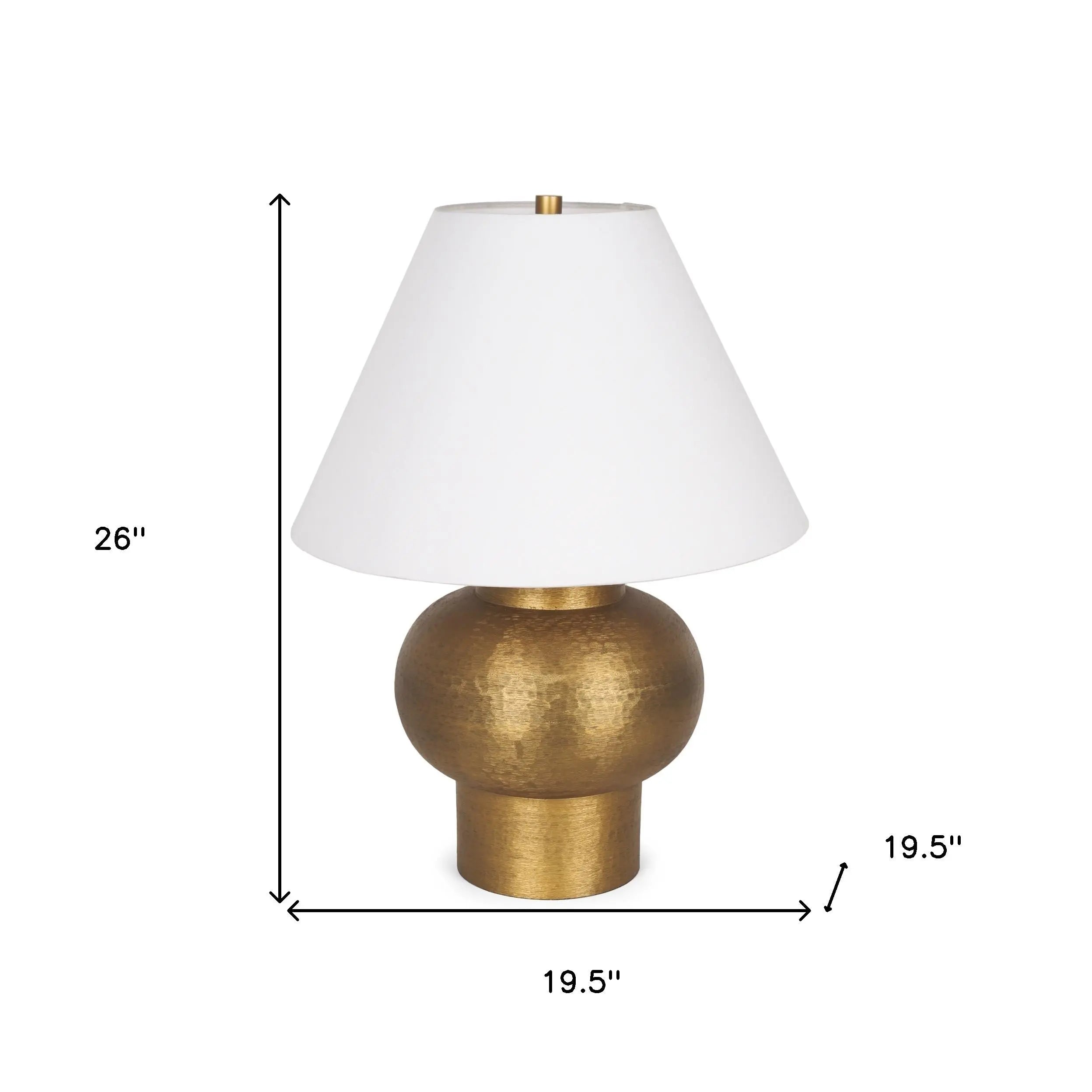Gold textured table lamp with a white cone shade, 26 inches tall, perfect for elegant home decor.