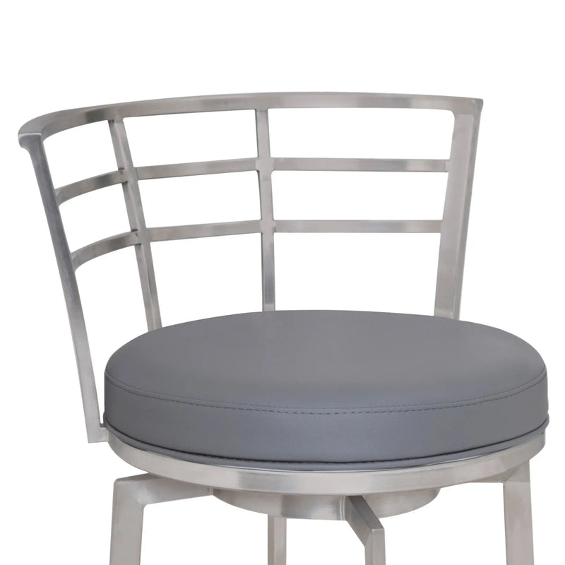 26" Gray And Silver Faux Leather And Iron Swivel Low Back Counter Height Bar Chair Homeroots Living Room