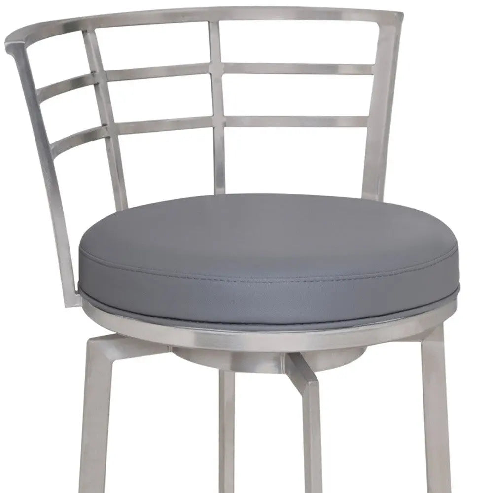 26" Gray And Silver Faux Leather And Iron Swivel Low Back Counter Height Bar Chair Homeroots Living Room