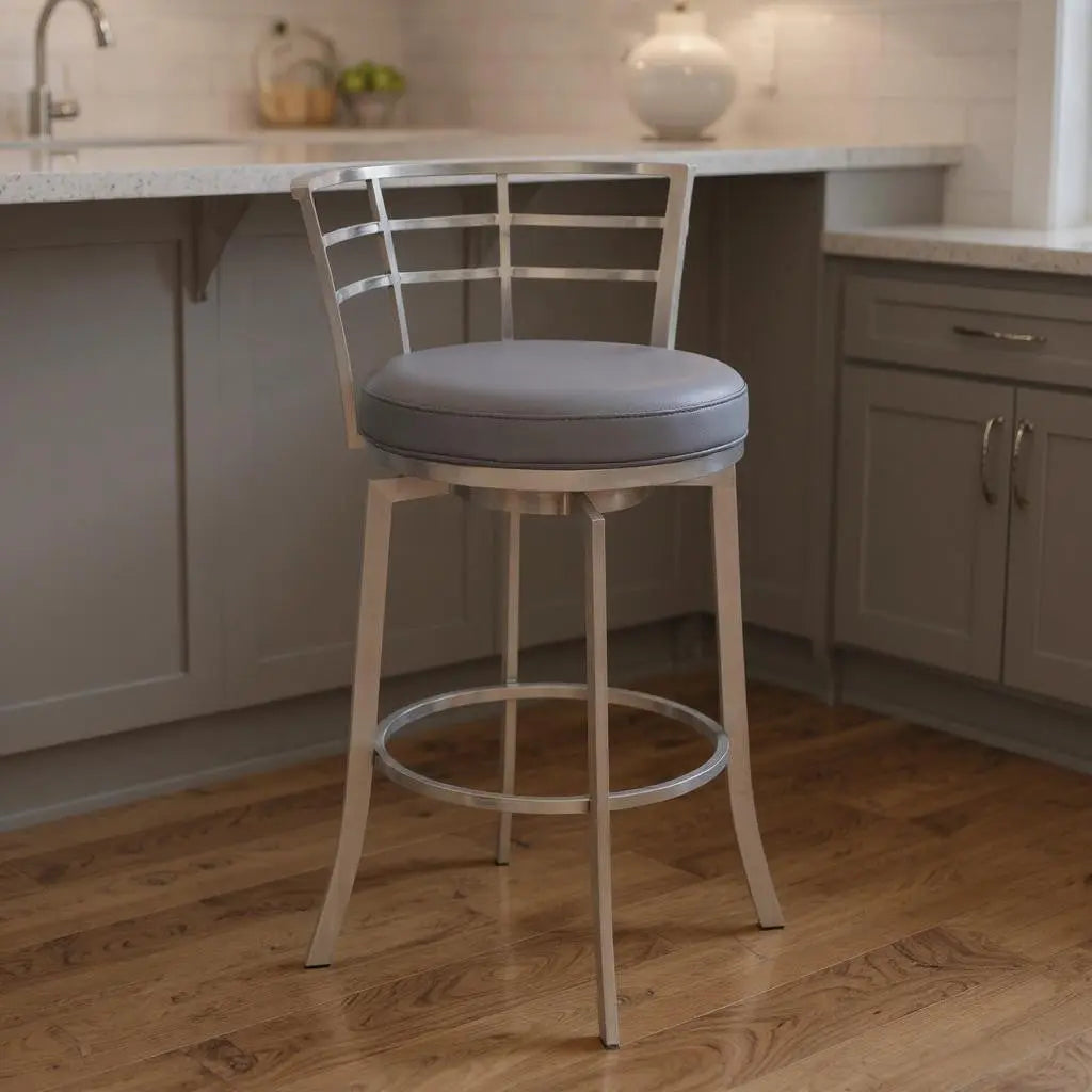 26" Gray And Silver Faux Leather And Iron Swivel Low Back Counter Height Bar Chair Homeroots Living Room