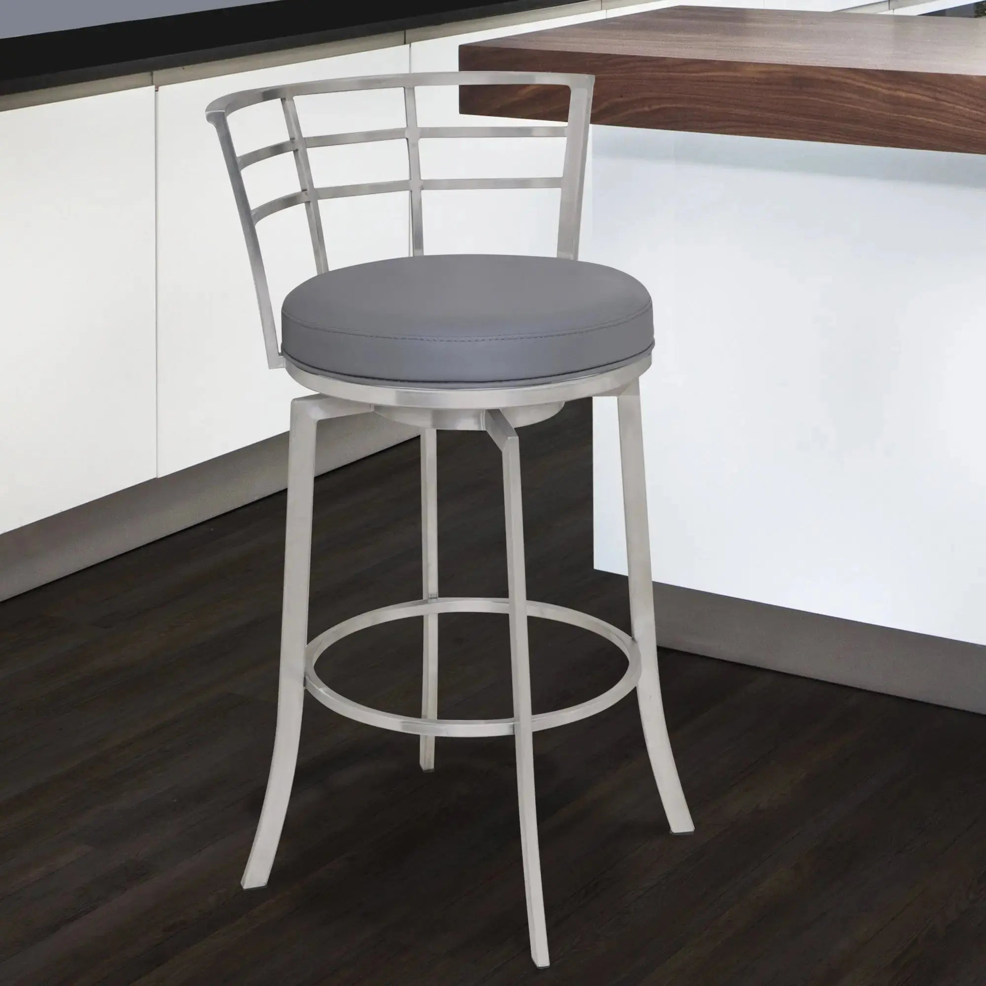26" Gray And Silver Faux Leather And Iron Swivel Low Back Counter Height Bar Chair Homeroots Living Room