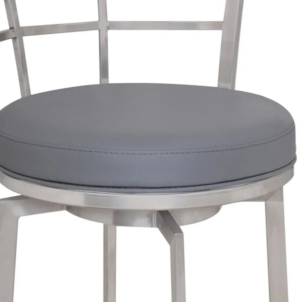 26" Gray And Silver Faux Leather And Iron Swivel Low Back Counter Height Bar Chair Homeroots Living Room