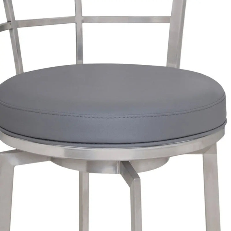 26" Gray And Silver Faux Leather And Iron Swivel Low Back Counter Height Bar Chair Homeroots Living Room
